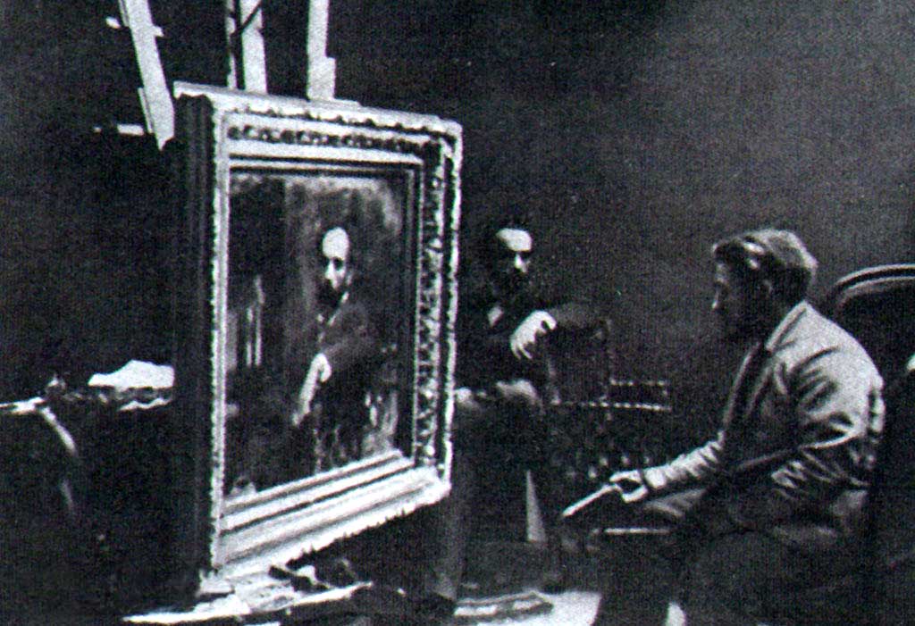 Valentin Serov working on a portrait of Isaac Levitan in Levitan's Moscow studio (1892–1893).